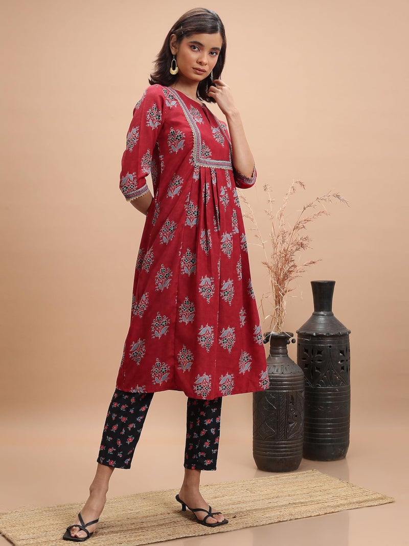 Ketch Womens ThreeForth Sleeve Regular Fit Ethnic Set KHK3001096 RED S - Image 2