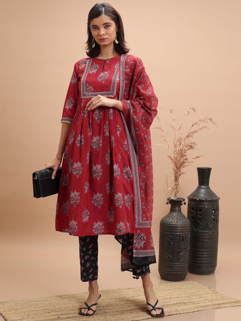 Ketch Womens ThreeForth Sleeve Regular Fit Ethnic Set KHK3001096 RED S - Image 5