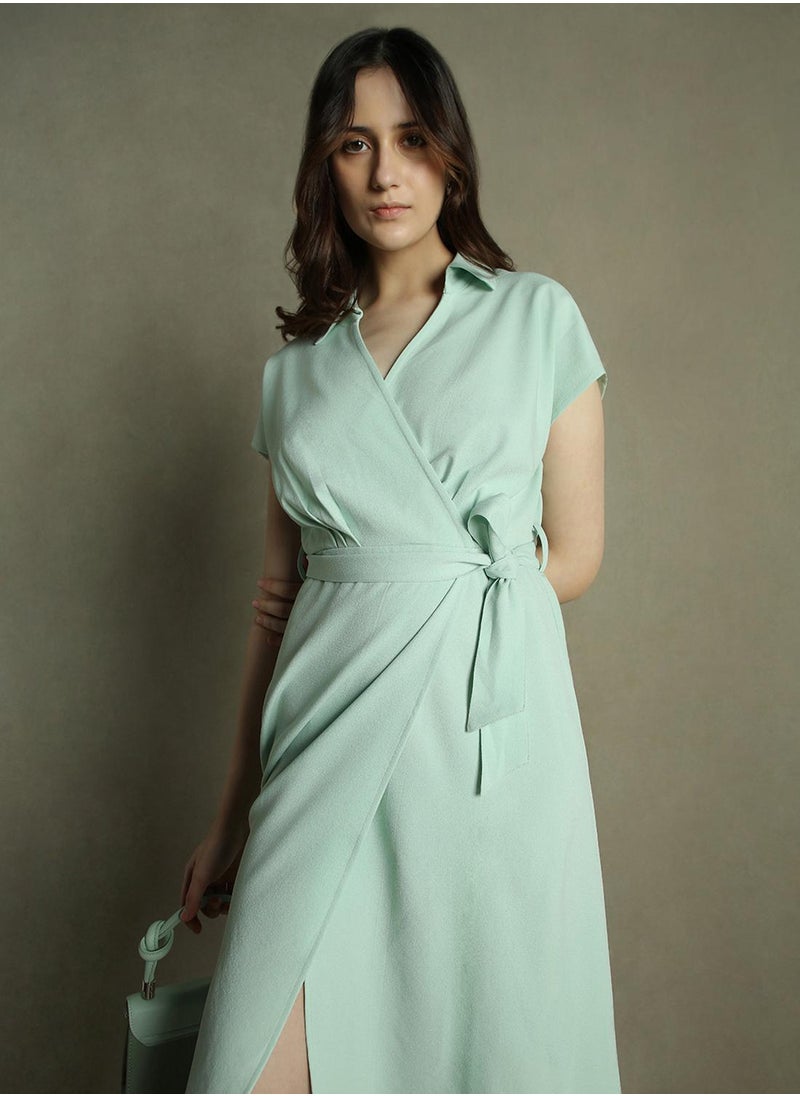 Dennis Lingo Women's Sage Green Polyester Blend Solid Knee Length Wrap Regular Fit Dress  - Image 1