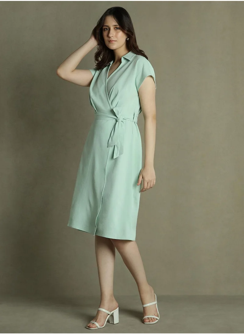 دينيس لينغو Women's Sage Green Polyester Blend Solid Knee Length Wrap Regular Fit Dress