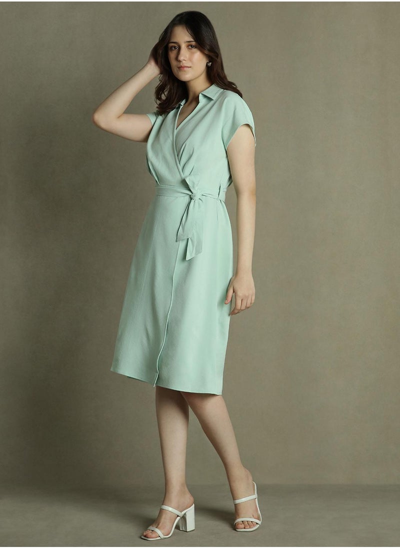 Dennis Lingo Women's Sage Green Polyester Blend Solid Knee Length Wrap Regular Fit Dress  - Image 2