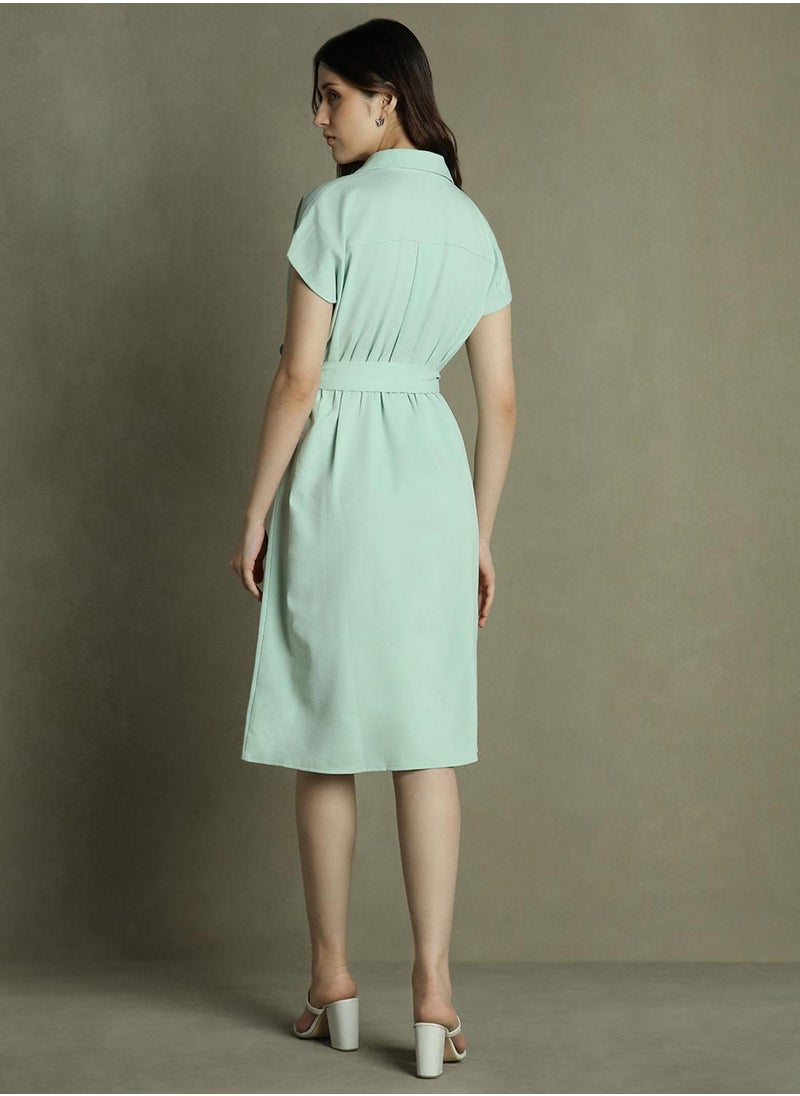 Dennis Lingo Women's Sage Green Polyester Blend Solid Knee Length Wrap Regular Fit Dress  - Image 3