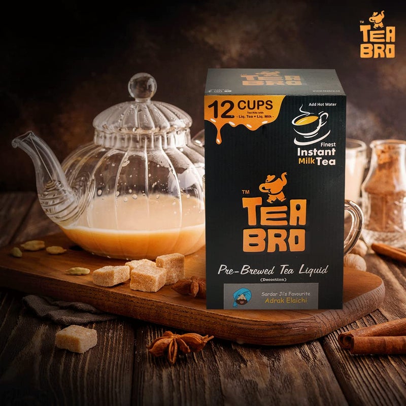 TEA BRO شاي برو، شاي حليب فوري (نكهة زنجبيل وهيل) - عبوة من 2 | مستخلص شاي مُعد مسبقًا (تركيز) | فقط أضف الماء الساخن | لكل عبوة - 12 مجموعة شاي مع (شاي سائل + حليب سائل + سكر) - المفضل لدى سردارجي، مزيج زنجبيل وهيل - Image 2