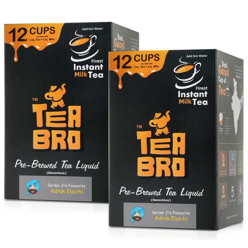 TEA BRO شاي برو، شاي حليب فوري (نكهة زنجبيل وهيل) - عبوة من 2 | مستخلص شاي مُعد مسبقًا (تركيز) | فقط أضف الماء الساخن | لكل عبوة - 12 مجموعة شاي مع (شاي سائل + حليب سائل + سكر) - المفضل لدى سردارجي، مزيج زنجبيل وهيل - Image 1