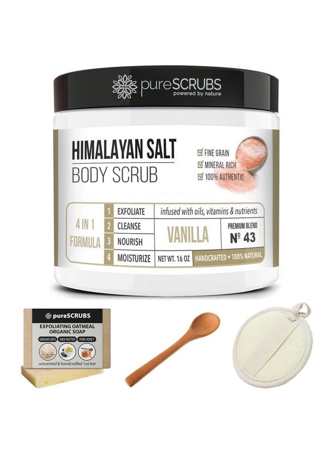 pureSCRUBS - Premium Pink Himalayan Salt Body Scrub Set - Large 16oz VANILLA SCRUB, Organic Essential Oils & Nutrients INCLUDES Wooden Stirring Spoon, Loofah & Mini Exfoliating Bar Soap - Image 1