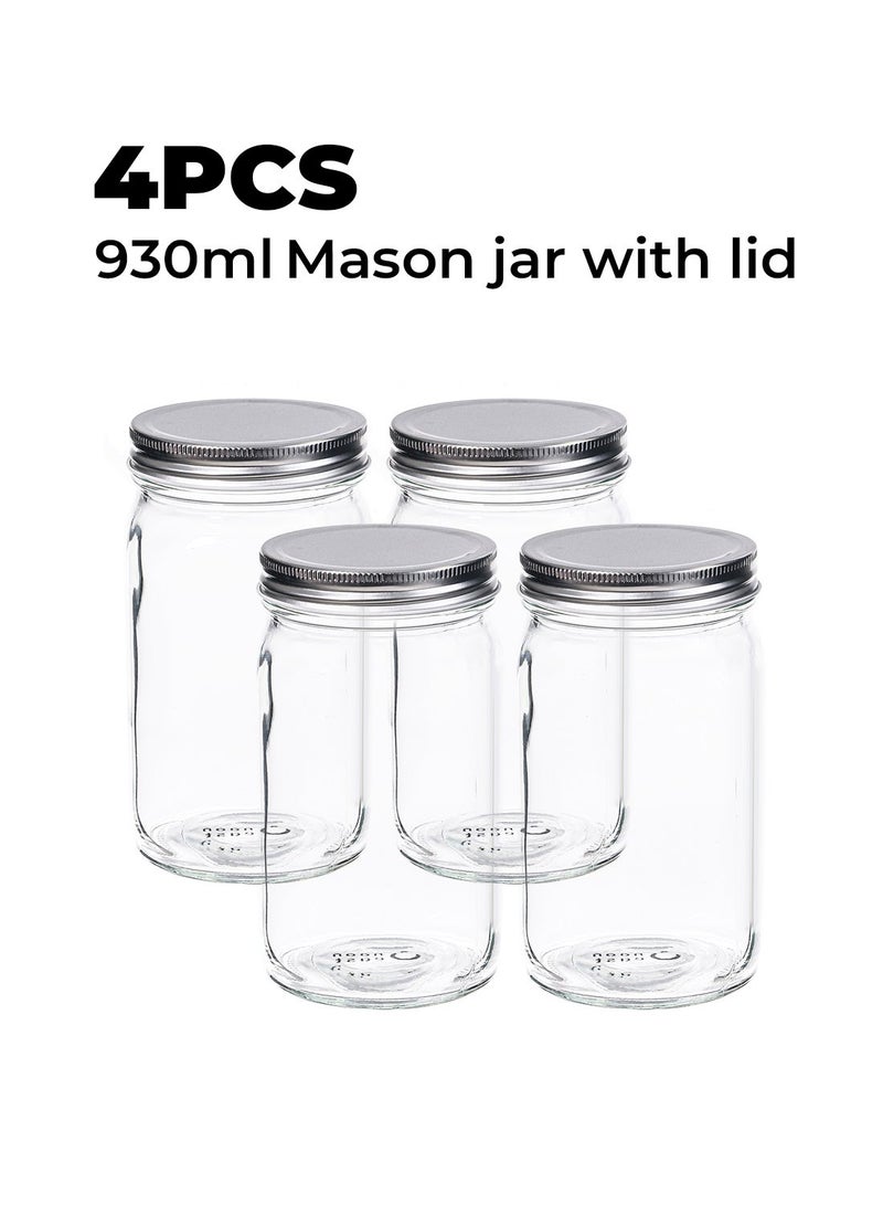 noon عبوة من 4 برطمانات ميسون مع أغطية. سعة 930 مل، مثالية للتخزين، التعليب، التخليل. خالية من BPA، 9 سم × 9 سم × 16.6 سم - شفاف - Image 2
