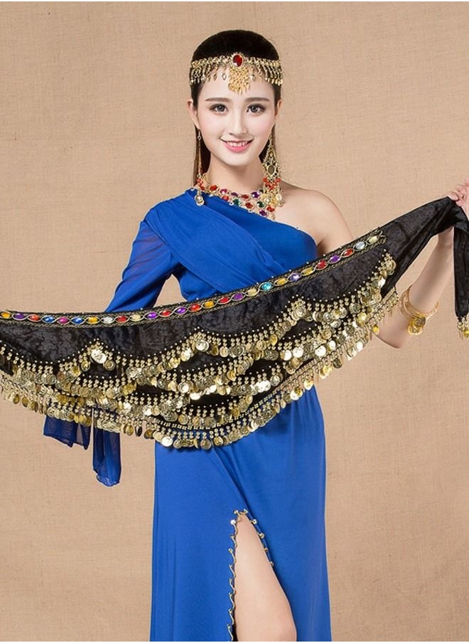Loquat - Coins Pendant Diamond Waist Chain Skirt Belly Dance Waist Wrap Belt Skirts Party Rave Costume Black - Image 1
