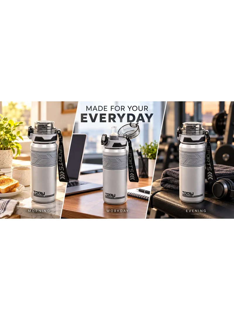 Tooly 650ml Stainless Steel Vacuum Insulated Sports Water Bottle Flask with Straw Lid & Carrying Strap – 304 Food-Grade Double Wall Hot (12h) & Cold (24h) Travel Tumbler, BPA Free, Leak-Proof (Grey)