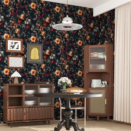 VOLEAAR Vintage Floarl Wallpaper Peel and Stick, Black Dark Moody Garden Flower Self Adhesive Removable Wallpapers for Bedroom Powder Room Cabinet, Vinyl Witchy Contact Paper Wall Art 17.5In x 118In - Image 3