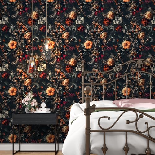 VOLEAAR Vintage Floarl Wallpaper Peel and Stick, Black Dark Moody Garden Flower Self Adhesive Removable Wallpapers for Bedroom Powder Room Cabinet, Vinyl Witchy Contact Paper Wall Art 17.5In x 118In - Image 4