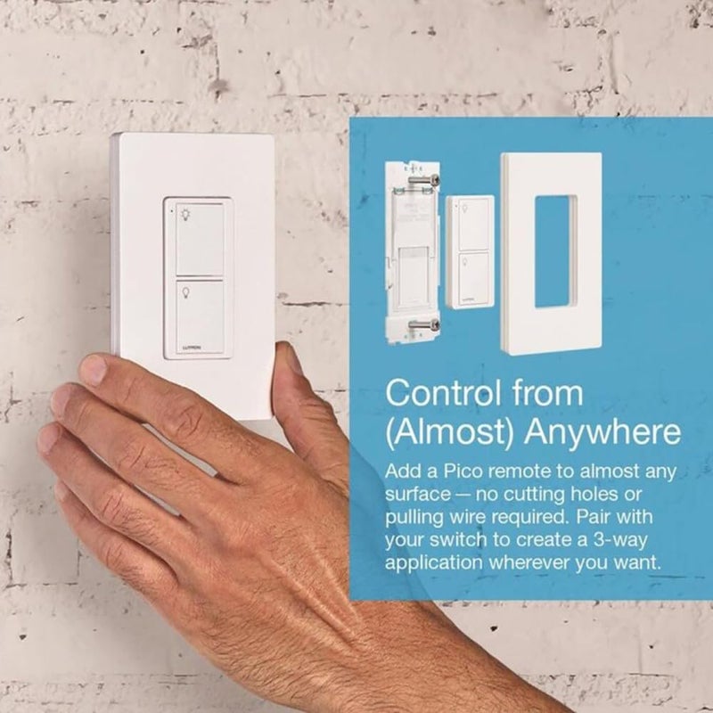 LUTRON Caseta Smart Switch 3-Way Kit, with Pico Remote, Wallplate, Wall Bracket for LED Lights and Fans, 5 Amp, Neutral Required, P-PKG1WS-WH - Image 5