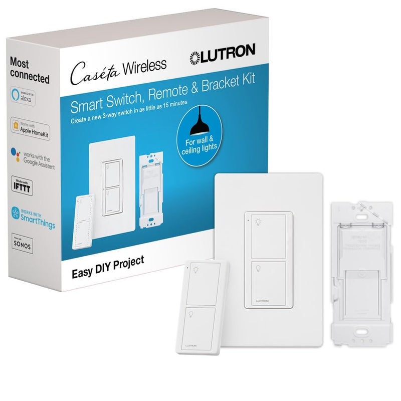 LUTRON Caseta Smart Switch 3-Way Kit, with Pico Remote, Wallplate, Wall Bracket for LED Lights and Fans, 5 Amp, Neutral Required, P-PKG1WS-WH - Image 1