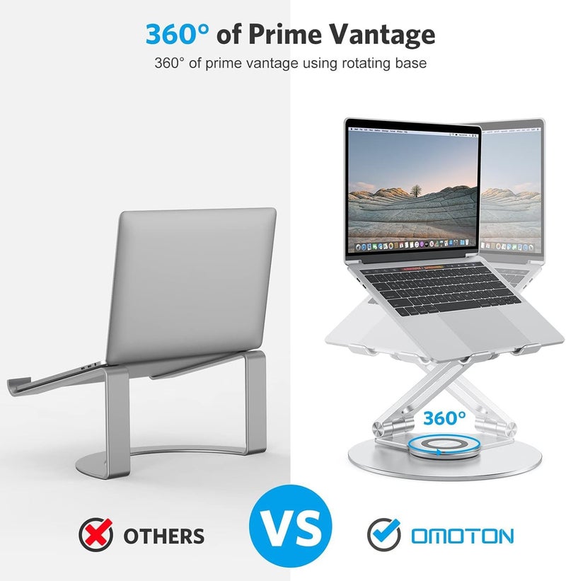 Omoton Adjustable Laptop Stand with 360 Rotating Base, Ergonomic Laptop Riser for Collaborative Work, Dual Rotary Shaft Fully Foldable for Easy Storage, Fits All Laptops up to 16 inches, Silver - Image 3