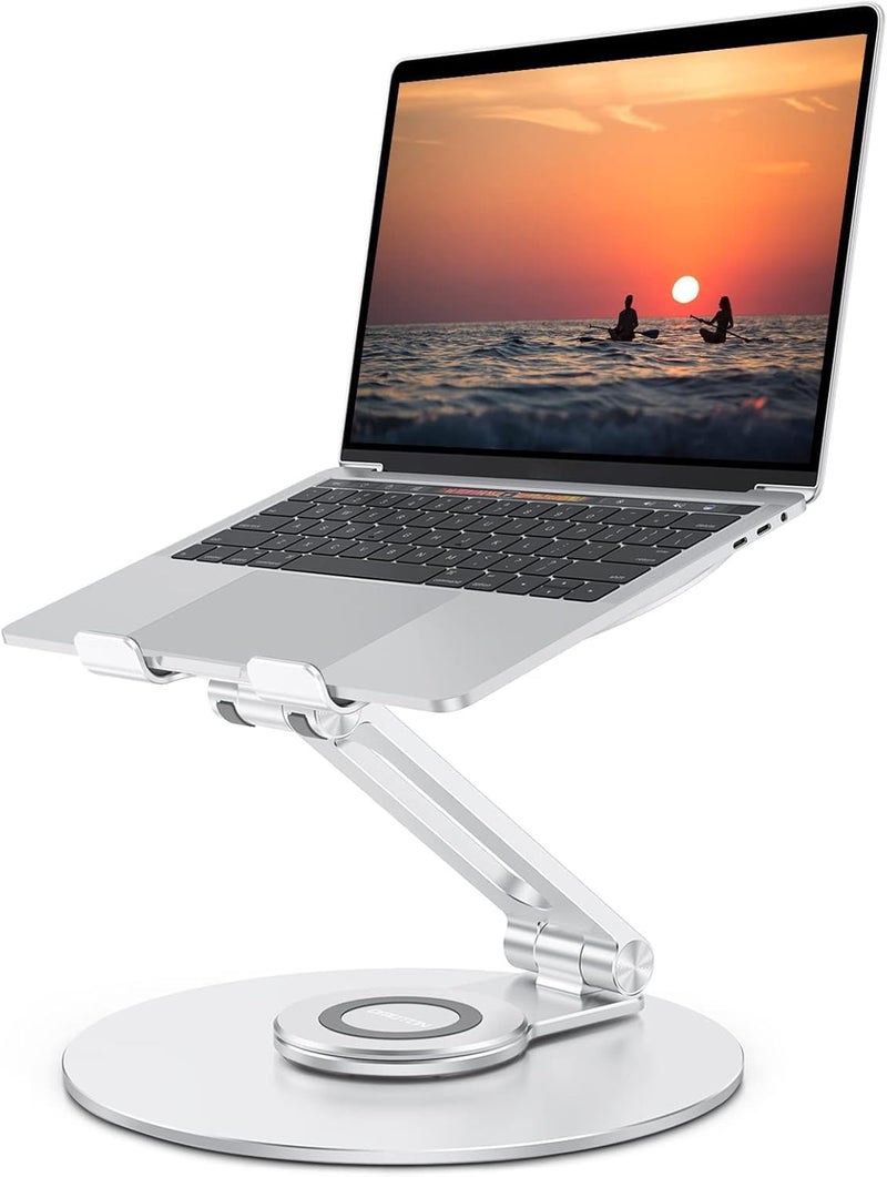 Omoton Adjustable Laptop Stand with 360 Rotating Base, Ergonomic Laptop Riser for Collaborative Work, Dual Rotary Shaft Fully Foldable for Easy Storage, Fits All Laptops up to 16 inches, Silver - Image 1
