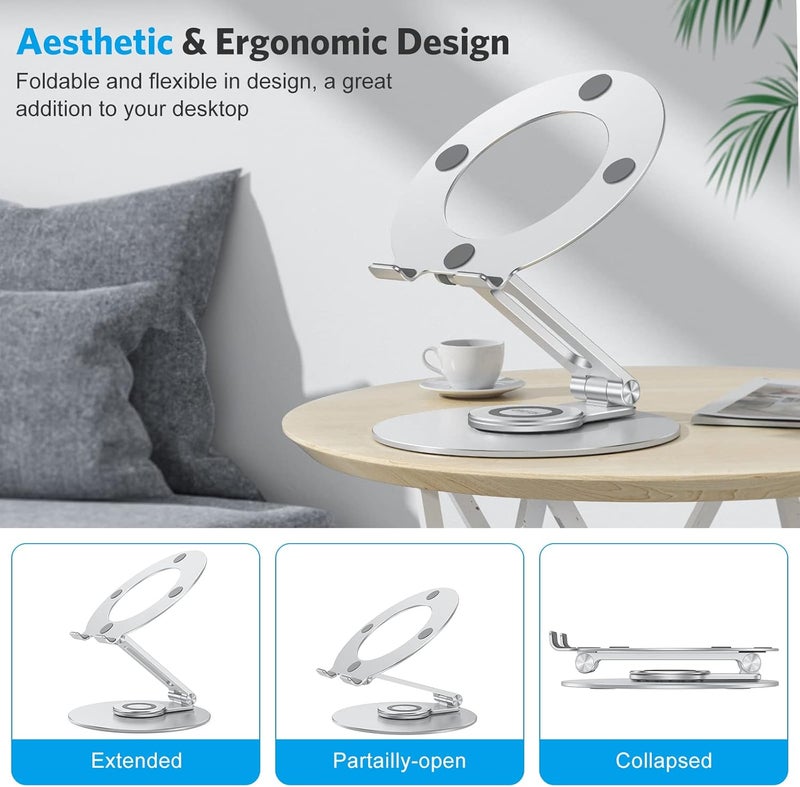 Omoton Adjustable Laptop Stand with 360 Rotating Base, Ergonomic Laptop Riser for Collaborative Work, Dual Rotary Shaft Fully Foldable for Easy Storage, Fits All Laptops up to 16 inches, Silver - Image 5
