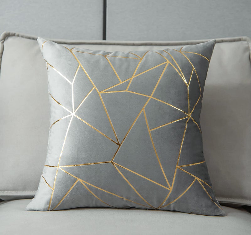 YONGLIU YONGLIU Pack of 2 Velvet Cushion Cases Decorative Gold Foil Geometric Pattern Throw Pillow Covers for Modern Homes Couch Sofa Bedroom Living Room(Gray and Gold  18X18 )  - Image 2