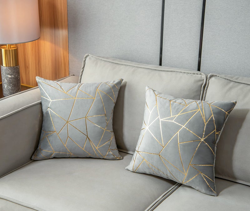 YONGLIU YONGLIU Pack of 2 Velvet Cushion Cases Decorative Gold Foil Geometric Pattern Throw Pillow Covers for Modern Homes Couch Sofa Bedroom Living Room(Gray and Gold  18X18 )  - Image 3
