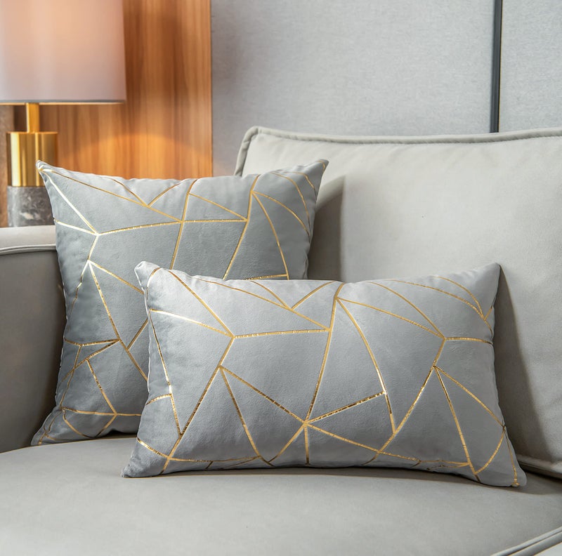 YONGLIU YONGLIU Pack of 2 Velvet Cushion Cases Decorative Gold Foil Geometric Pattern Throw Pillow Covers for Modern Homes Couch Sofa Bedroom Living Room(Gray and Gold  18X18 )  - Image 4