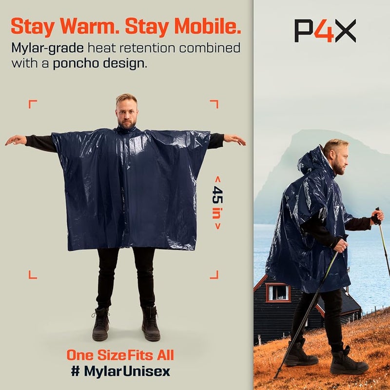 PREPARED4X Emergency Poncho with Mylar Blanket Liner – Heavy Duty, Waterproof, Wind-Resistant Green Rain Poncho for Outdoors, Camping, and Car Emergency Kits - Thermal Poncho - 4 Pack (Blue) - Image 2