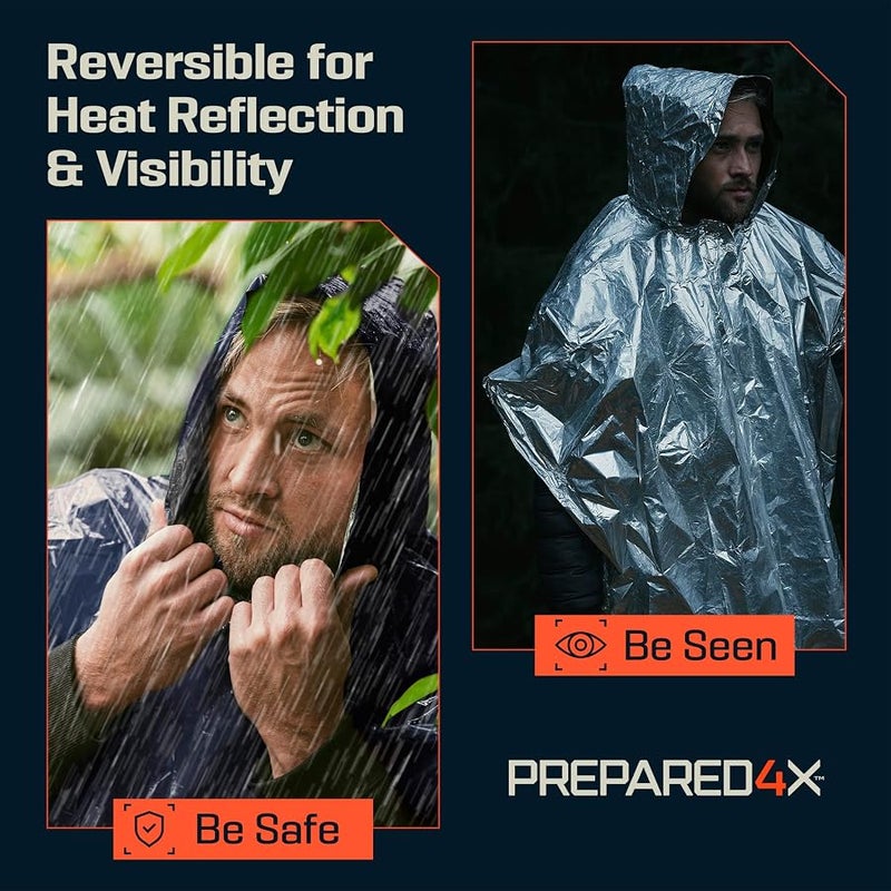 PREPARED4X Emergency Poncho with Mylar Blanket Liner – Heavy Duty, Waterproof, Wind-Resistant Green Rain Poncho for Outdoors, Camping, and Car Emergency Kits - Thermal Poncho - 4 Pack (Blue) - Image 4