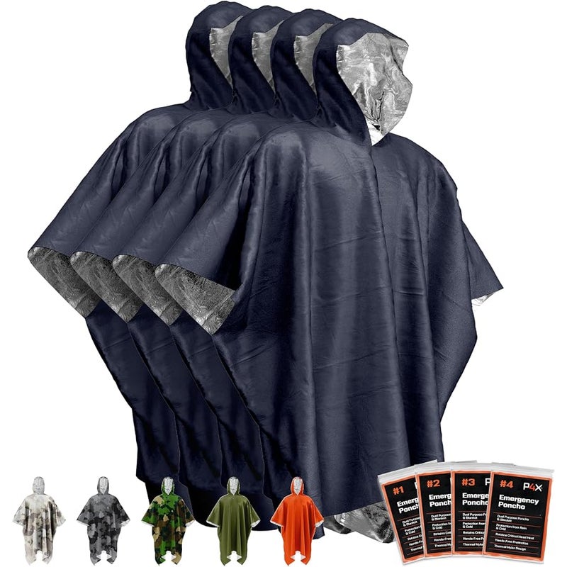 PREPARED4X Emergency Poncho with Mylar Blanket Liner – Heavy Duty, Waterproof, Wind-Resistant Green Rain Poncho for Outdoors, Camping, and Car Emergency Kits - Thermal Poncho - 4 Pack (Blue) - Image 1