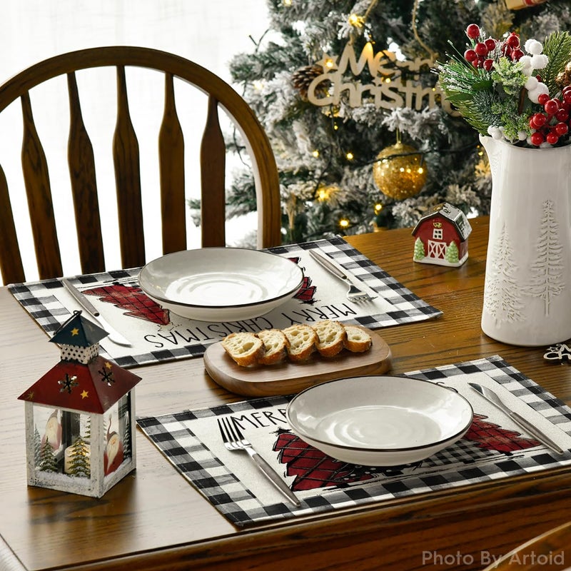 Artoid Mode Waterclor Buffalo Plaid Christmas Trees Placemats Set of 6  12x18 Inch Winter Table Mats for Outdoor Home Party Kitchen Dining Decor - Image 4