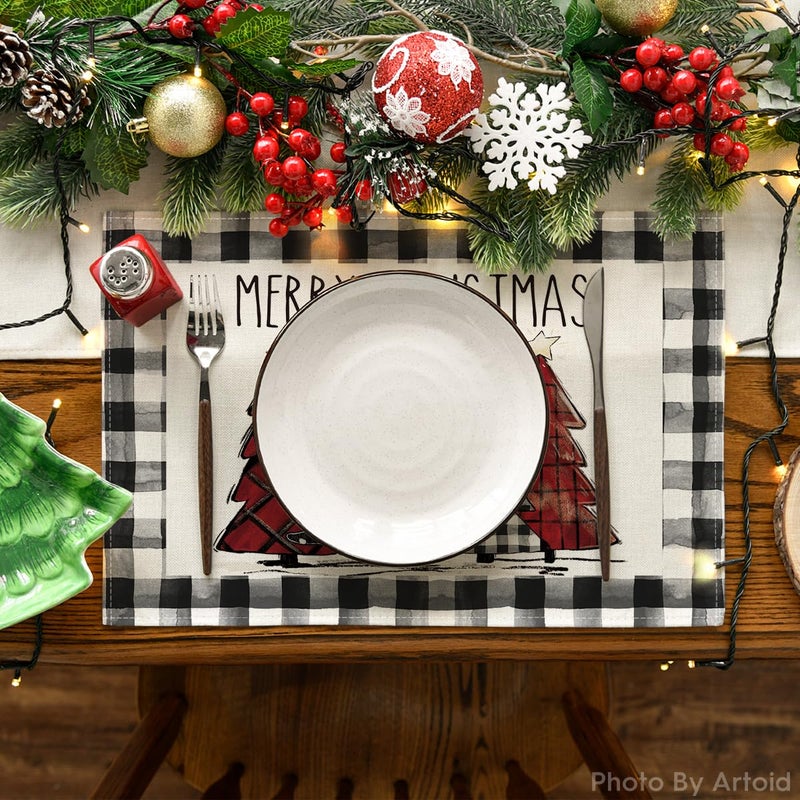 Artoid Mode Waterclor Buffalo Plaid Christmas Trees Placemats Set of 6  12x18 Inch Winter Table Mats for Outdoor Home Party Kitchen Dining Decor - Image 2