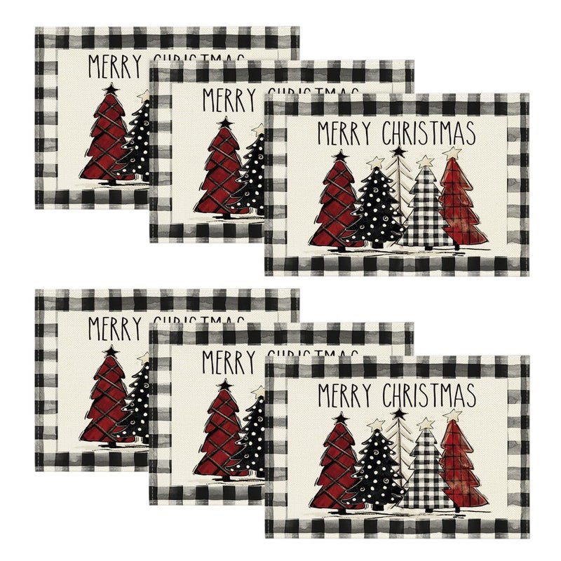 Artoid Mode Waterclor Buffalo Plaid Christmas Trees Placemats Set of 6  12x18 Inch Winter Table Mats for Outdoor Home Party Kitchen Dining Decor - Image 1