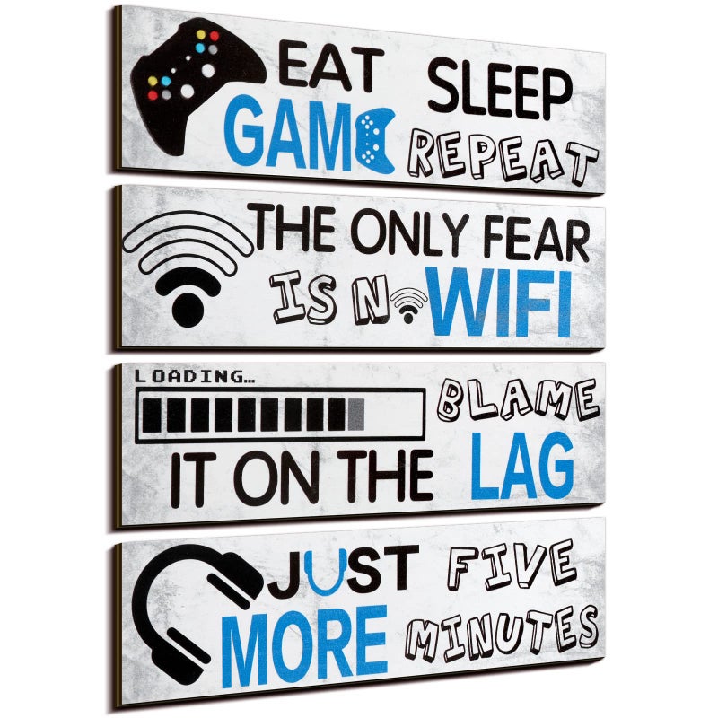 Queekay 4 Pcs Gaming Room Decor for Boys Game Posters Wooden Video Wall Art Signs Gamer Hanging Plaques for Kids Room Bedroom Playroom Decorations 8 x 3 InchClassic ColorSimple Style