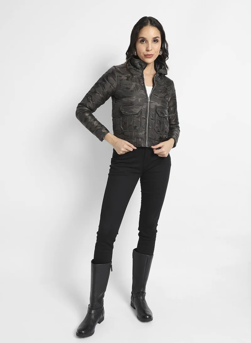 Campus Sutra  Women's Brown Camouflage Bomber Jacket With Flap Pockets for Women | Best Price UAE