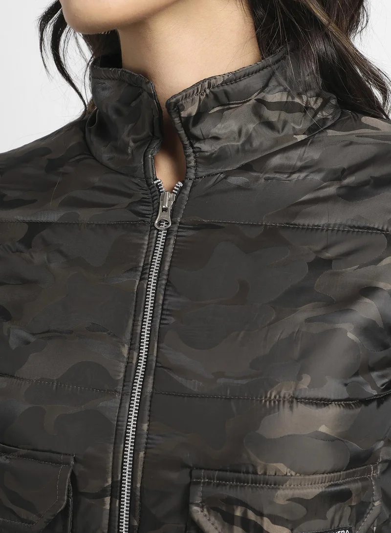 Campus Sutra  Women's Brown Camouflage Bomber Jacket With Flap Pockets for Women | Best Price UAE