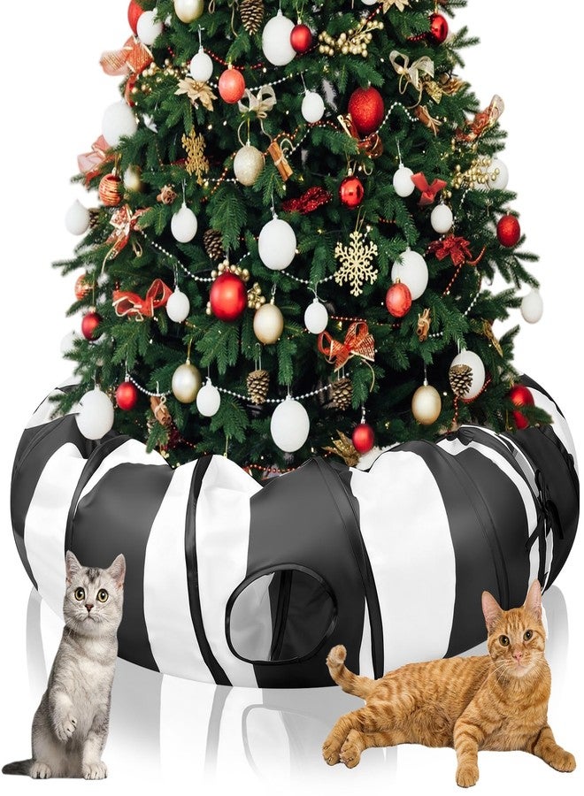 SilTriangle 4' x 4' x 11.8'' Cat Tunnel Christmas Tree Skirt Black and White Cat Tunnel Bed Under Christmas Tree 142'' Long Detachable Donut Tube for Indoor Cats Xmas Kitty Cave for Kitten Kitty - Image 1