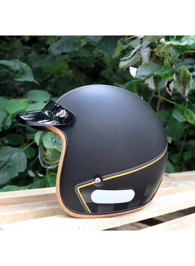 Retro 3/4 Motorcycle Helmet with Built-in Goggles, Men Women, Mt-5 Matte Black Coffee Grid
