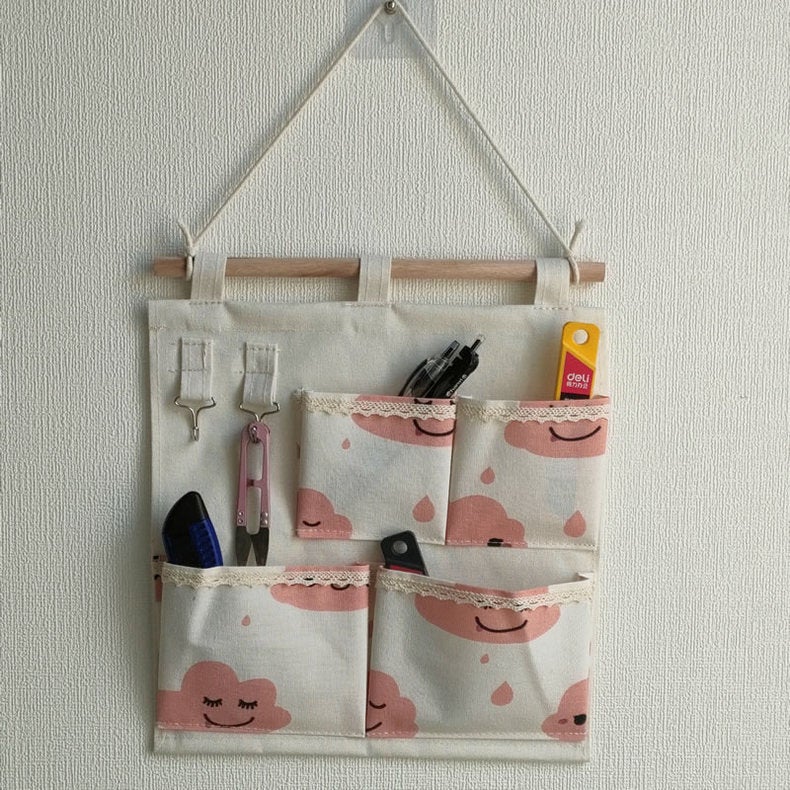Zakka Cotton And Linen Foldable 4-Pocket Small Hanging Bag Living Room Room Wall Fabric Hanging Bag With Hook - Image 3
