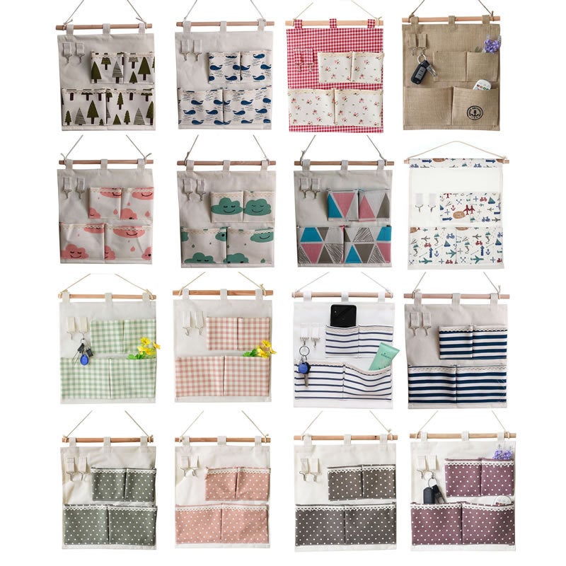 Zakka Cotton And Linen Foldable 4-Pocket Small Hanging Bag Living Room Room Wall Fabric Hanging Bag With Hook - Image 2