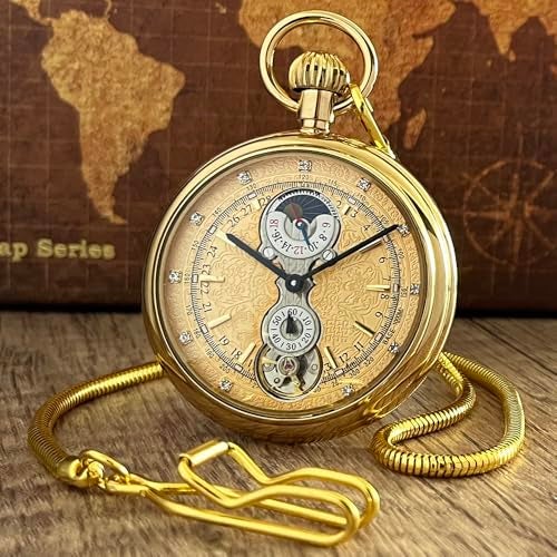 VIGOROSO Tourbillon Mechanical HandWind Pocket Watch for Men Sun Day Moon Phase Display Exclusive Luxury Full Copper Watches for Dad - Image 3