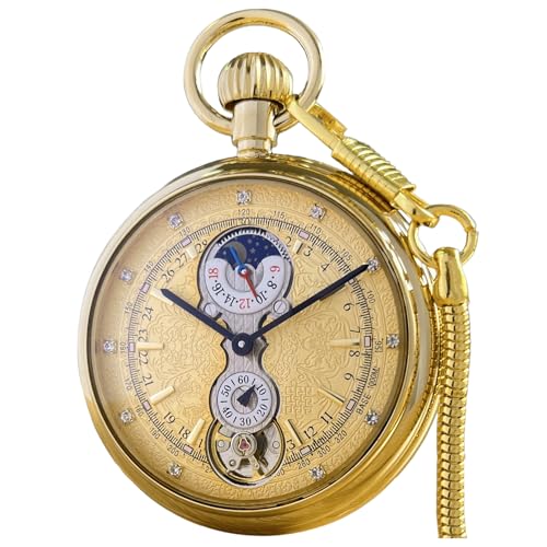VIGOROSO Tourbillon Mechanical HandWind Pocket Watch for Men Sun Day Moon Phase Display Exclusive Luxury Full Copper Watches for Dad - Image 1