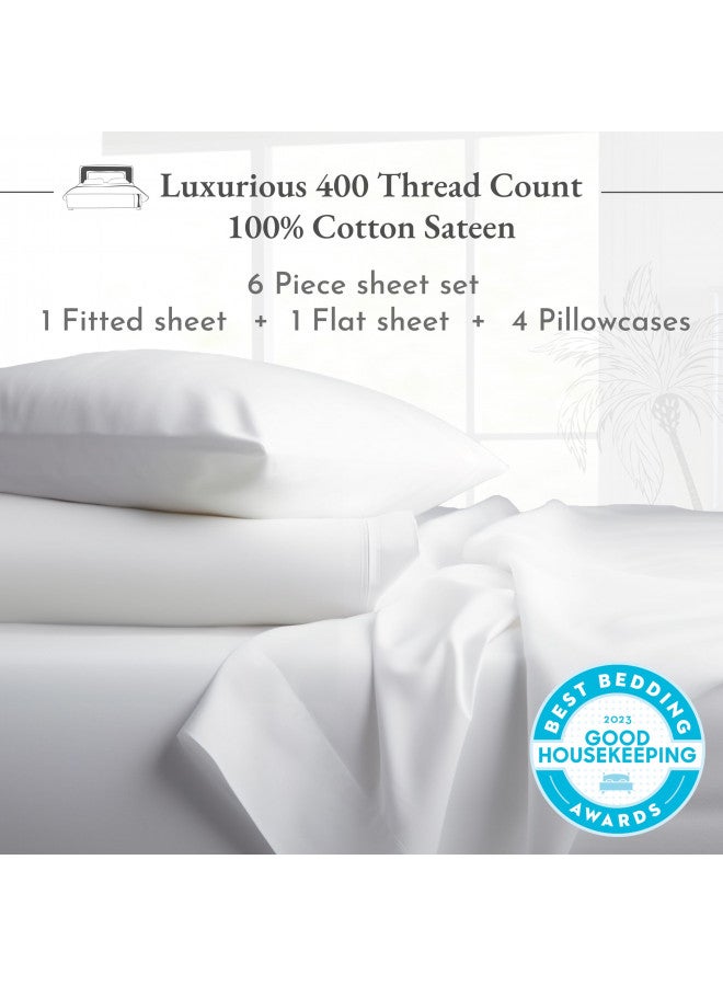 California Design Den California Design Den 6-Pc King Size Sheet Set with 4 Pillowcases - Soft 400 Thread Count 100% Cotton Sheets, Cooling Sateen Weave, Luxury Deep Pocket Bedsheets Set - Bright White - Image 2