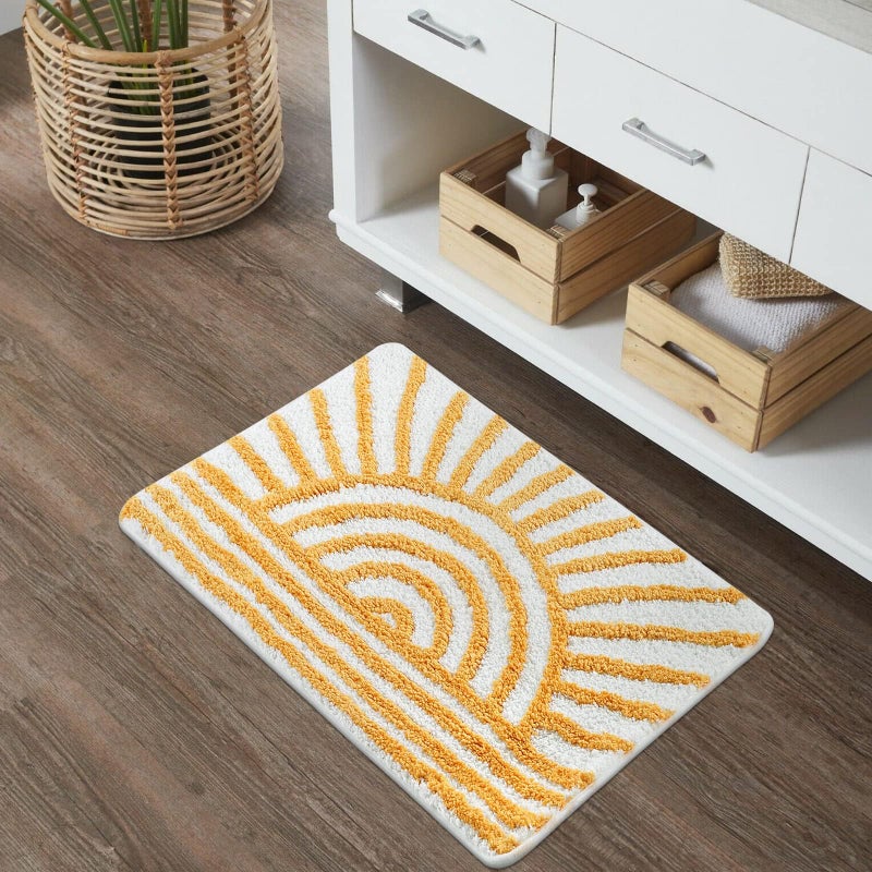 Uphome Boho Bathroom Rugs Yellow and White Sun Bath Mat Non Slip Water Absorbent Microfiber Bath Rug Modern Minimalism Aesthetic Machine Washable Floor Mats for Bathtub Sink Shower 18x26 inch
