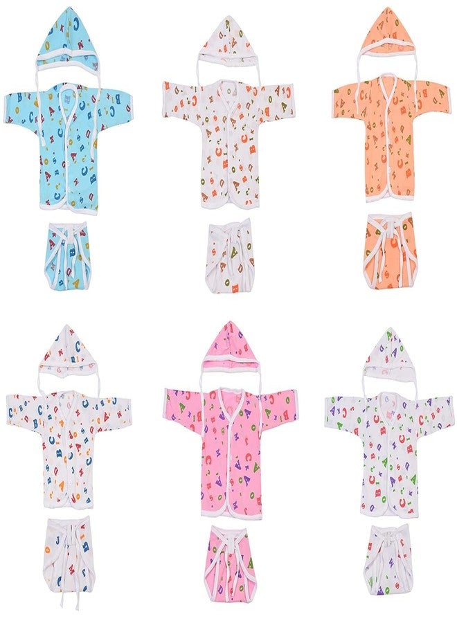 4NEwBiES 6Pc New Born Baby Hosiery Cotton Jhabla, Cap and Langot 0 to 6 Months Colors and Prints Vary (0 to 6 Months, 6 Pc) - Image 1