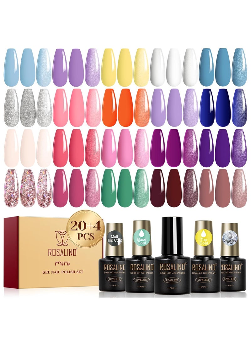 Rosalind ROSALIND 24pcs Pink Blue Purple Gel Polish Set with 4 Bottles of Base and Glossy Matte Glitter Top Coat Soak Off Gel Nail Set Suitable for All Seasons Gel Polish Gift for Women 