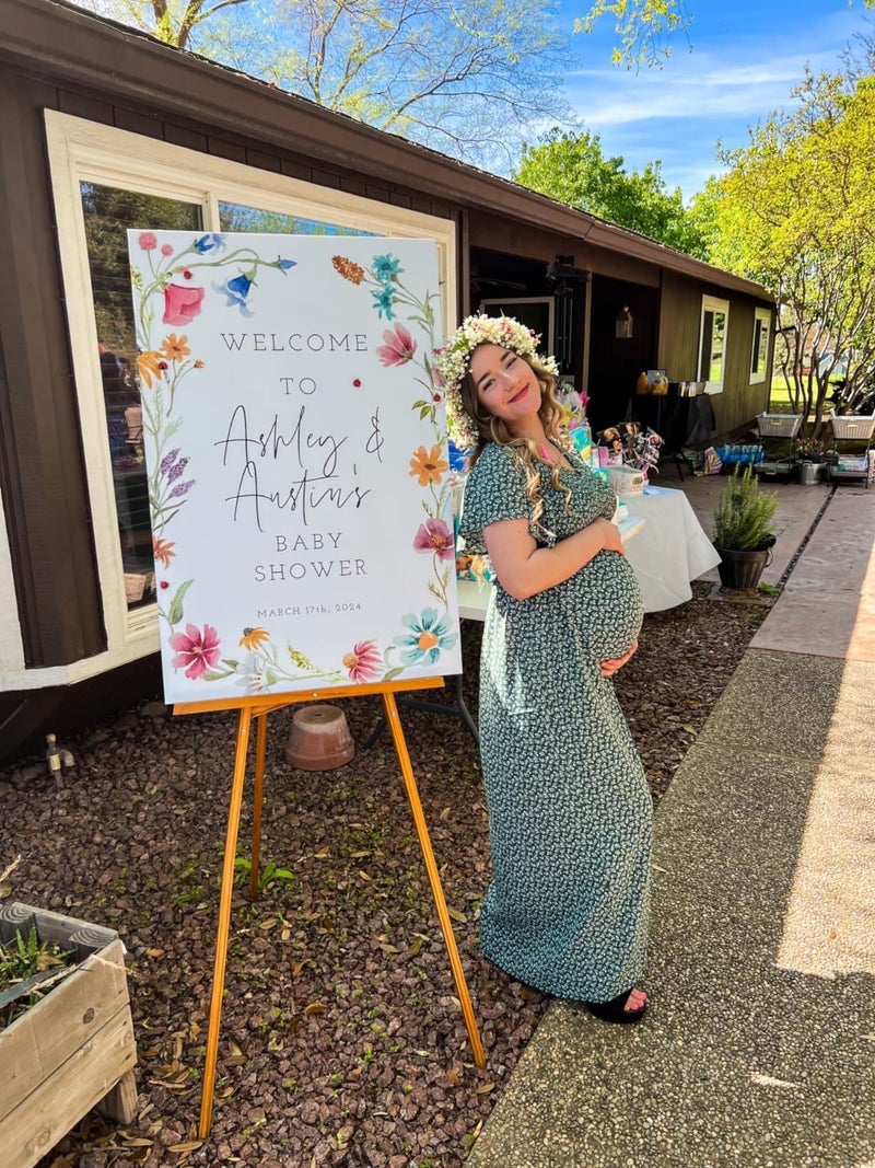 guruixu V Neck Floral Maternity Dress for Photoshoot Baby Shower, Flutter Sleeve Fall Boho Causal Smocked Pregnancy Dress Green - Image 3