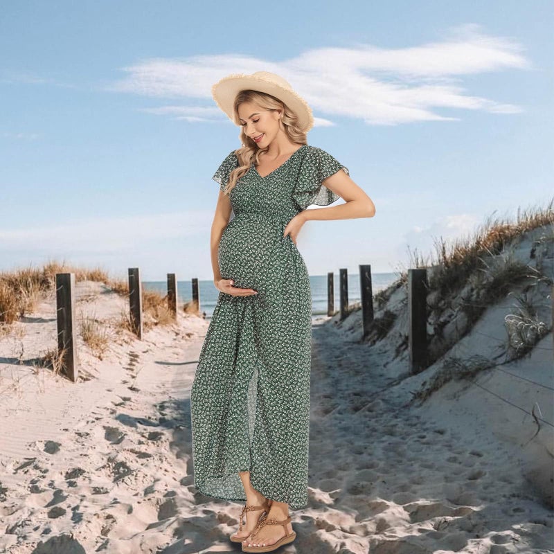 guruixu V Neck Floral Maternity Dress for Photoshoot Baby Shower, Flutter Sleeve Fall Boho Causal Smocked Pregnancy Dress Green - Image 2