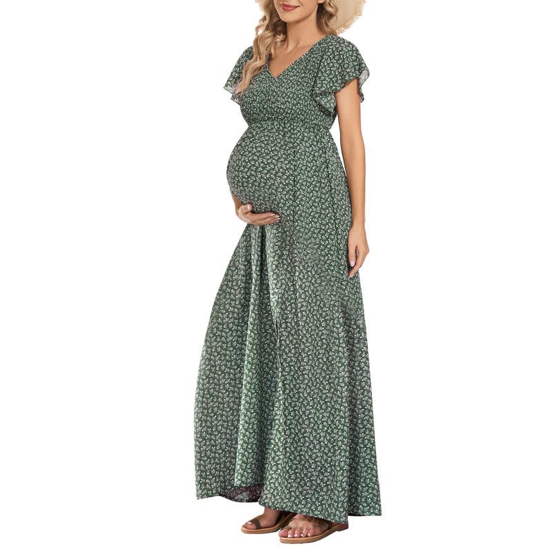 guruixu V Neck Floral Maternity Dress for Photoshoot Baby Shower, Flutter Sleeve Fall Boho Causal Smocked Pregnancy Dress Green - Image 1