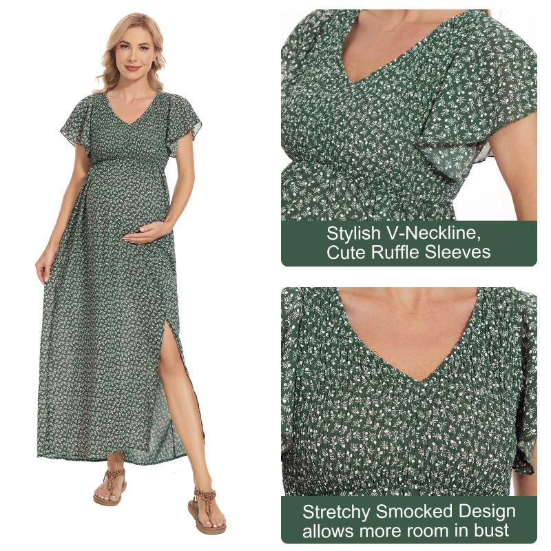 guruixu V Neck Floral Maternity Dress for Photoshoot Baby Shower, Flutter Sleeve Fall Boho Causal Smocked Pregnancy Dress Green - Image 5