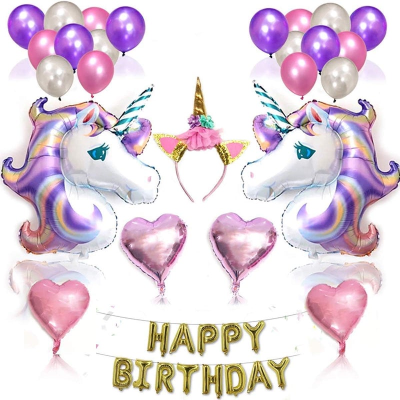 Party Time Mumoo Bear Unicorn Party Supplies Set Glitter Unicorn Headband Unicorn Balloons Gold Happy Birthday Banner Latex and Foil Balloons Decorations Kit  26 Value Pack - Image 1