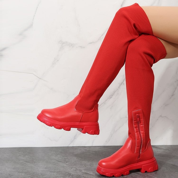Cross-border foreign trade women's large size boots Europe and the United States new knee round head flying woven boots women's thick-soled boots - Image 2
