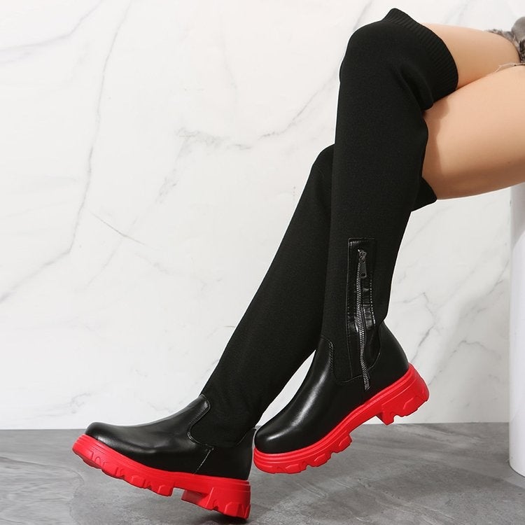 Cross-border foreign trade women's large size boots Europe and the United States new knee round head flying woven boots women's thick-soled boots - Image 3