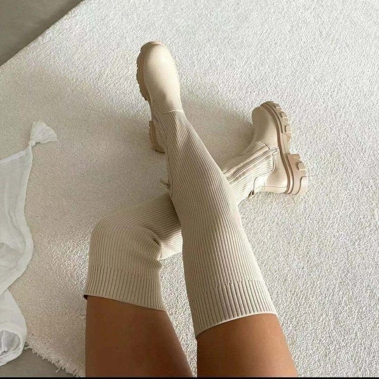 Cross-border foreign trade women's large size boots Europe and the United States new knee round head flying woven boots women's thick-soled boots - Image 5