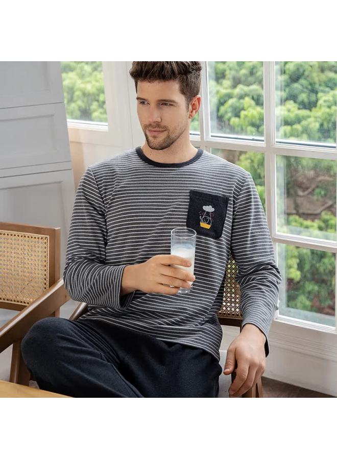 MEIBIAO American Standard Men's Long Sleeve Cotton Striped Casual Loose Homewear Pajama Set, Wearable Outside, Dark Gray, L - Image 3